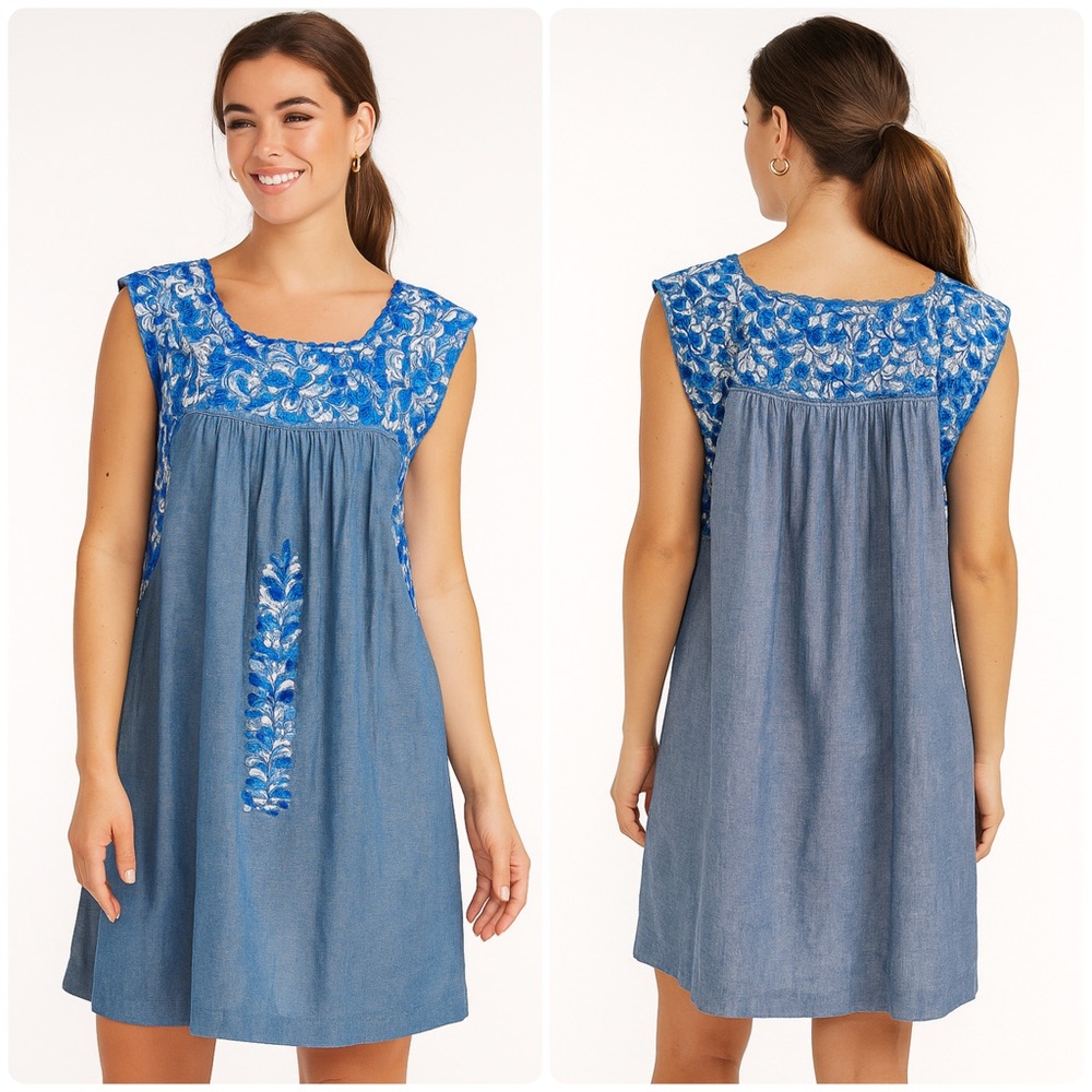Mi Golondrina Flores Dress Short Embroidered Floral
Chambray Size Small